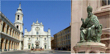 Piazza della Madonna, Basilica e monumento a Papa Sisto V.jpg,Monumento a a Papa Sisto V (A.Calcagni).jpg